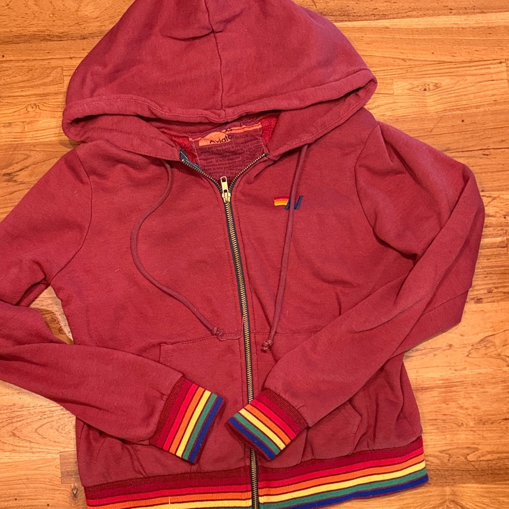 Aviator Nation Maroon Hoodie with Rainbow Trim